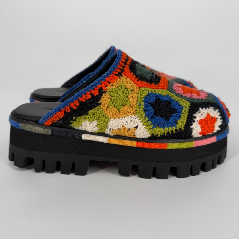 FARM RIO BLACK COLORFUL CROCHET PLATFORM MULES SIZE 8 GRANNY SQUARE BOHO HIPPIE - Picture 3 of 13